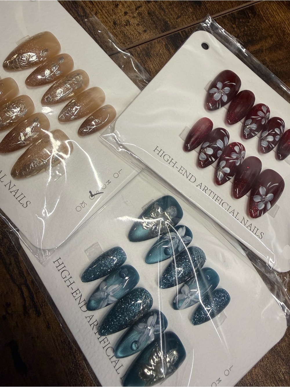 3 Press-On Nail Sets — Burgundy, Teal & Nude in Small